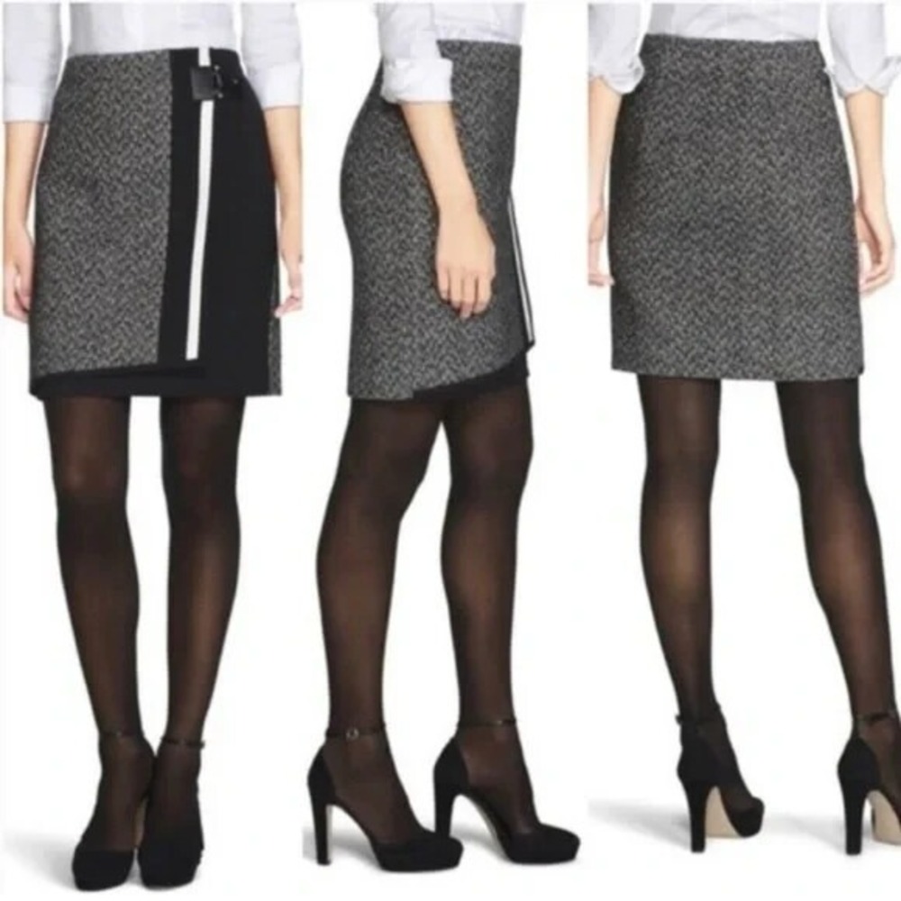 WHITE HOUSE BLACK MARKET WHBM Womens Sz 2 Black/White Tweed Mini FAUX Wrap Skirt